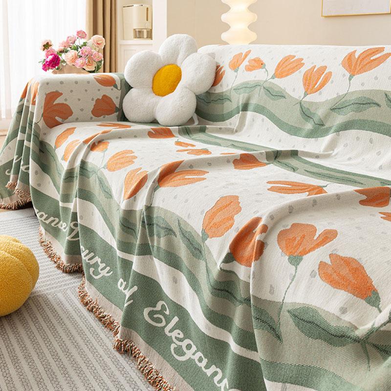 Rural Tulip Printed Sofa Towel with Tassels Soft Chenier Couch Cover for Living Room Multi Functional All Inclusive Seat Cushion