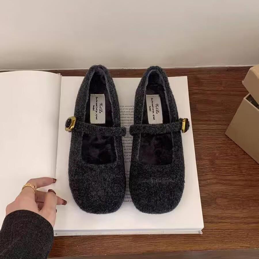 Autumn and Winter Flat Bottom Shallow Buckle Doudou Single Shoes Casual Versatile Velvet Warm Women's Cotton Shoes