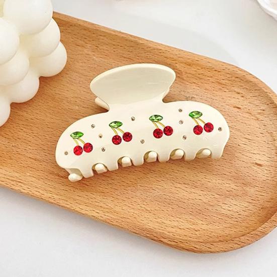 Hair Clip Sparkling Rhinestones Inlaid Cherry Decorative Pattern Back Head Hair Claw Large Wide Tooth Design Smooth Large Shark Clip