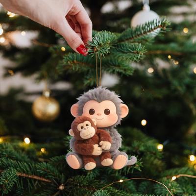 2D Monkey Car Hanging Ornament Acrylic Car Rearview Mirror Accessories Cute Monkey Holding Plush Toy Bag Charm for Backpack