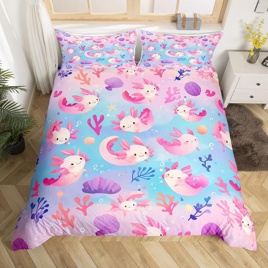 Comforter Kawaii Axolotl Full For Kids Boys Girls Room Decorpink Cute Cartoon Animal Bedding Set Sea Coral Shell Soft Warm
