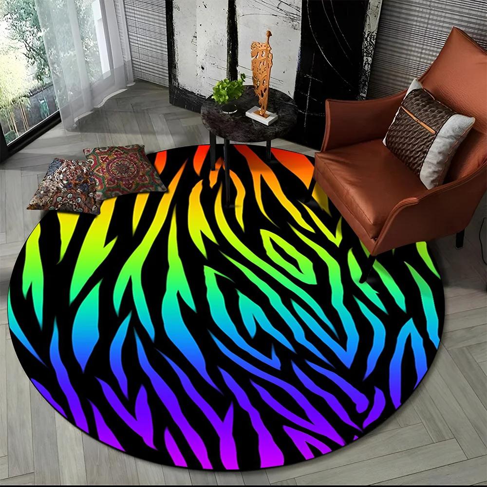 3D Barevný Pruhovaný Vzor Zebra Kulatý Koberec pro Obývací Pokoj, Ložnici, Dětský Herní Koutek Dekor, Protiskluzová Podložka do Zóny pro Domácí Mazlíčky