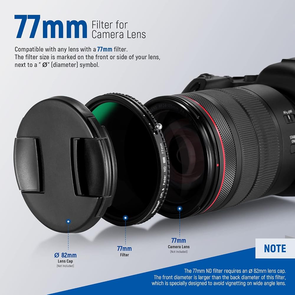 NEEWER 2-in-1 77mm Variable ND Filter ND2–ND32 & CPL Multifunctional Filter, 2-in-1, No X-shaped unevenness, HD Optical Glass, 30-layer Nano Coating, 