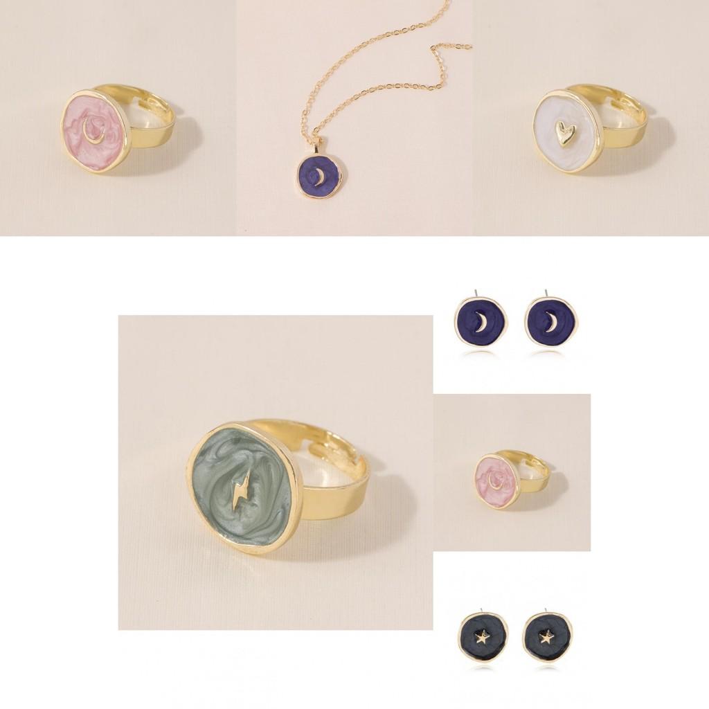 Elegant Heart Moon Star Earrings Ring Necklace Set Geometric Alloy Plated Jewelry