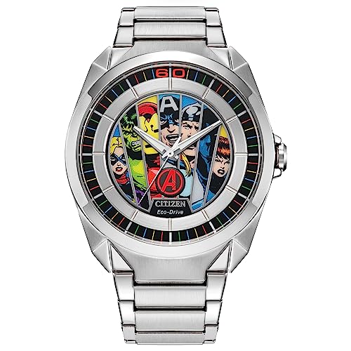 Citizen Marvel Men's Avengers Eco-Drive Watch, 42.5mm Silver-Tone Stainless Steel Case and Bracelet with Art Dial (AW2080-64W), Silver, 5 1/2 Inches,