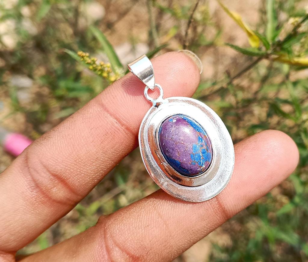 Purple Turquoise Gemstone 925 Sterling Silver Plated Party Wear Look Oval Pendant