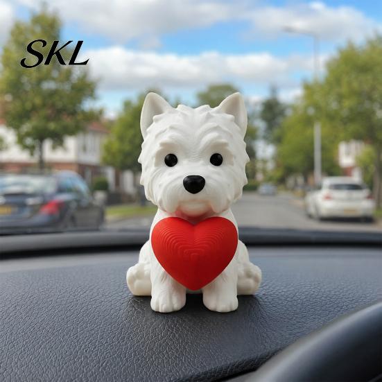 Office Desk Pet Decor 3D Printed West Highland Terrier Figurine, Cute Dog Statue Holding Red Heart, Heart Ornament Car Dashboard Decor, Romantic