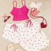 Women's Peach Heart Sweet Summer Three-Piece Pajama Set - Childlike Spaghetti Strap Sexy Loungewear