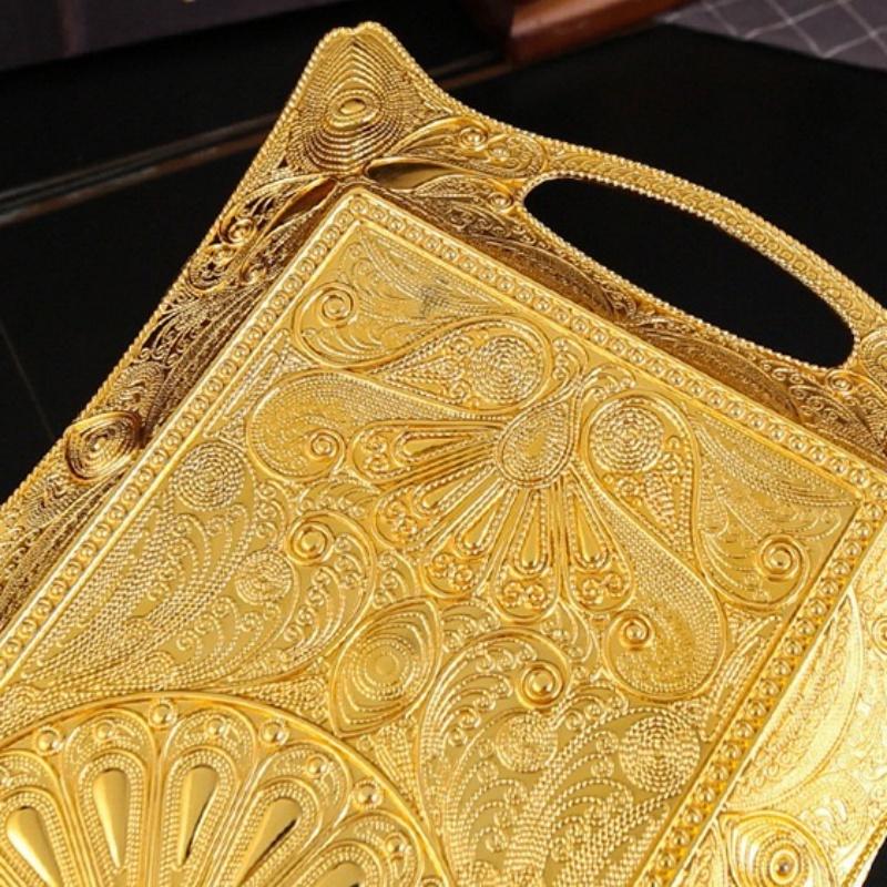 Exquisite European Metal Tray With Ear Flat Rectangular Plate Palace Golden Peacock Design For Home Decor