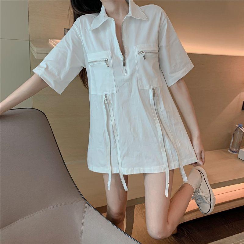 

Zipper Design Women s Shirt Half Open Collar Pullover Solid Color Famele Short Sleeved Shirts Fashionable Ladies Commuting Tops M белый