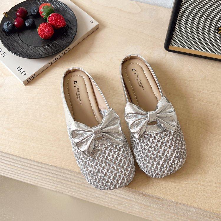 

French woven hollow toe slippers women s outer wear 2025 summer versatile flat soft-soled Mary Jane semi-tow fishing net shoes 40