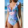 Swimwear Women New Sexy Ruffle One Piece Bikini Solid Color Big V-Neck Slim Summer Beachwear Swimsuit