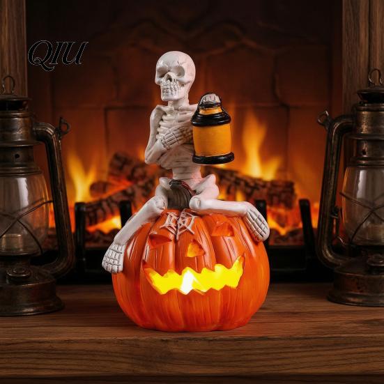 Haunted House Decoration Halloween Pumpkin Skeleton Figurine, LED Light-Up Decorative Lantern, Bone Details Spooky Holiday for Parties &