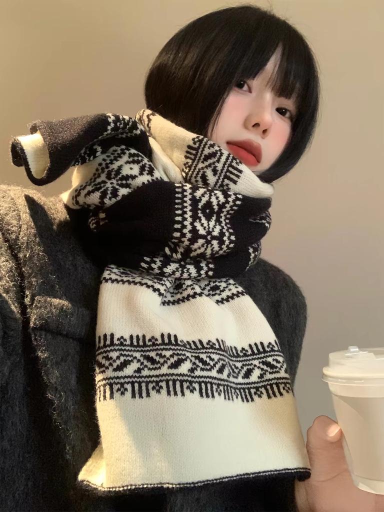 Fair Island Scarf Women's Autumn and Winter New Snowflake Knitted Double-sided Warm Scarf Versatile Thickened Scarf Korea