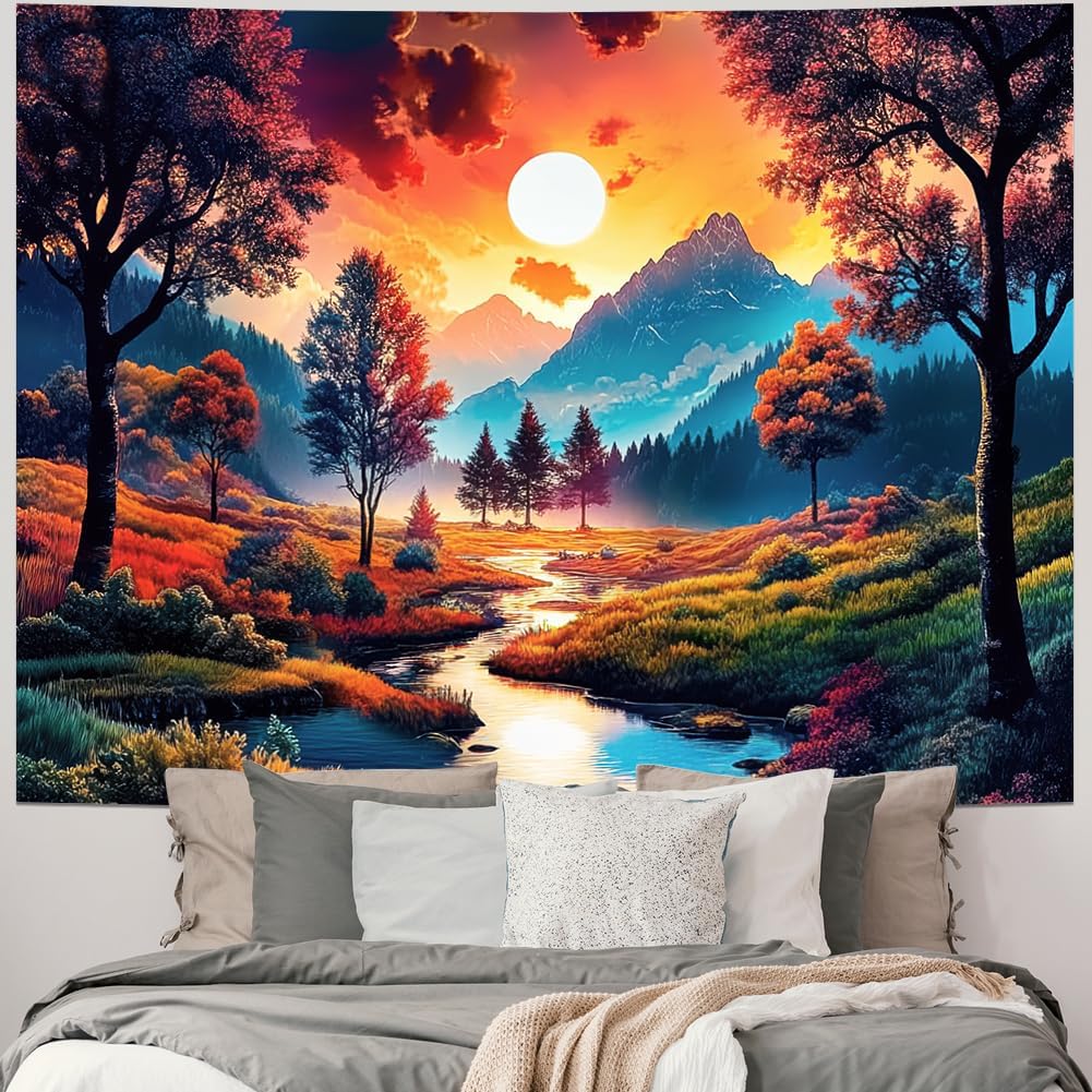 Obsecolors Sun Forest Mountain Tapestry Trippy Sun Tapestry Hippie Nature Landscape Tapestries Aesthetic Sunset Magic River Tapestries Wall Hanging