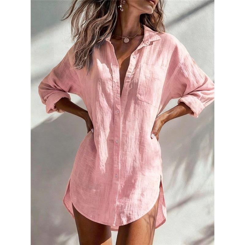 Women Linen Long Shirt Oversized Lapel Long‑Sleeve Button‑Down Tunic Blouse With Pocket Casual Loose Tops