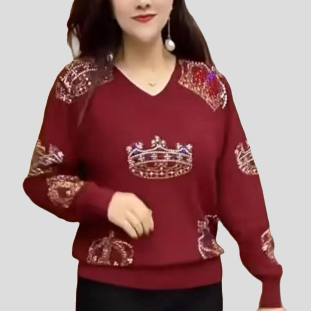 Spring Autumn Women's Plus Size Sweater Thin Loose Fit Rhinestone V-Neck Pullover Knit Top