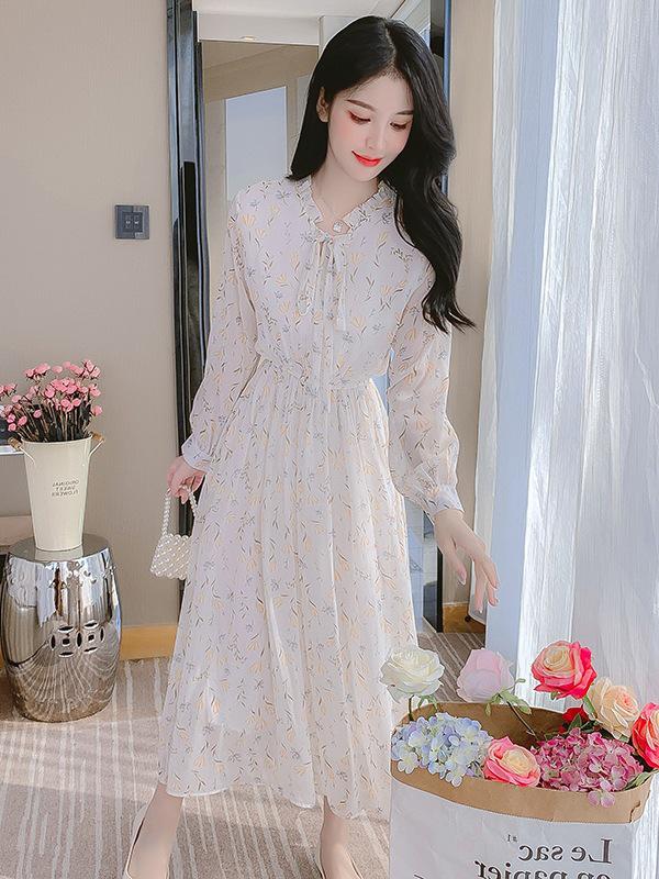 

Spring Korean-Style Floral Chiffon Long Sleeve Dress M
