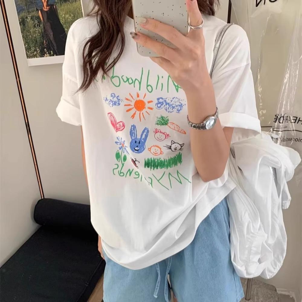 

2026 Summer Women s Floral Creative Printed Summer Round-neck Top, Comfortable and Breathable Casual Short-sleeved T-shirt M