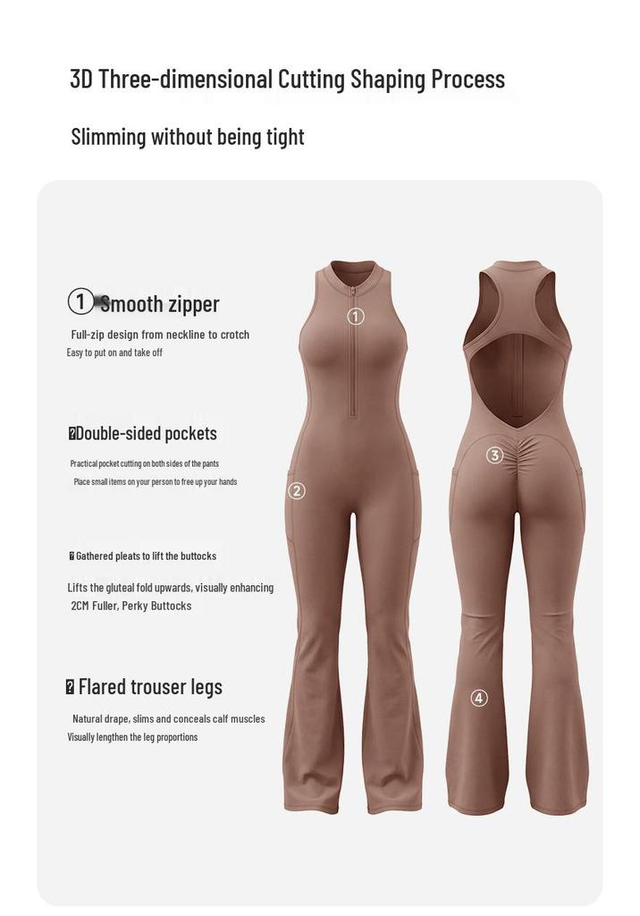 European and American Sleeveless Yoga Bodysuit with Strap Pocket, Sexy Open Back, Hip Lifting Flared Jumpsuit