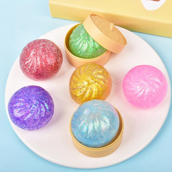 12Pcs Stress Relief Dumpling Squeeze Toy with Steamer Clear Glitter Steamed Bun Sensory Toy