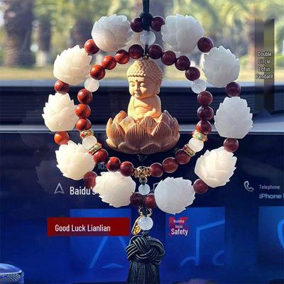 Boxwood Buddha Rearview Mirror Ornament: Double Ring Peach Wood Lotus Car Pendant