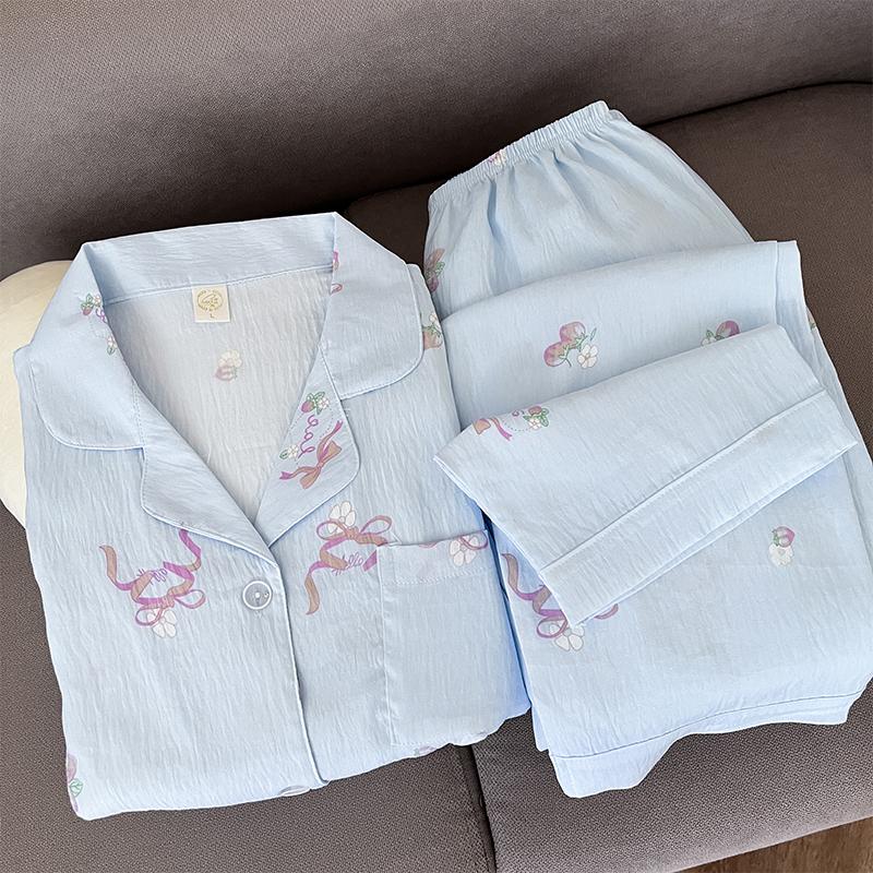 Bow Tie Flower Print Pajamas Woman Simple Casual Soft Spring Home Suit for Women Long Sleeve Lapel Neck Nightwear