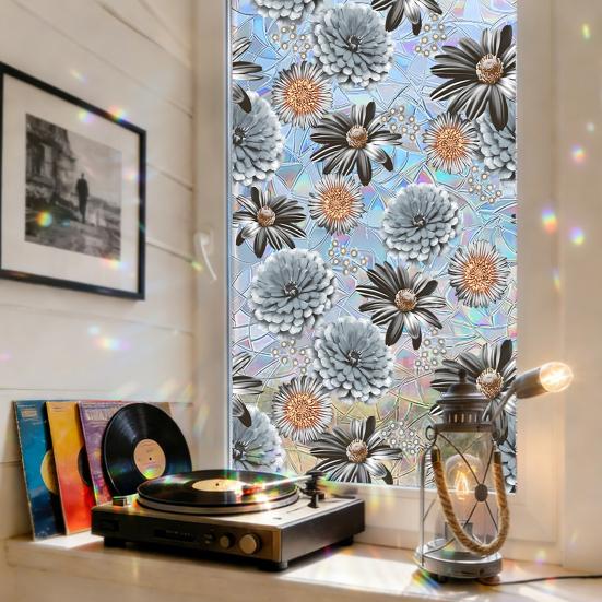 Stained Glass Window Film Colorful Rainbow Decorative Window Sticker Privacy Glass Sliding Door Clings Sun Blocking Static Decals for Bathroom Bedroom