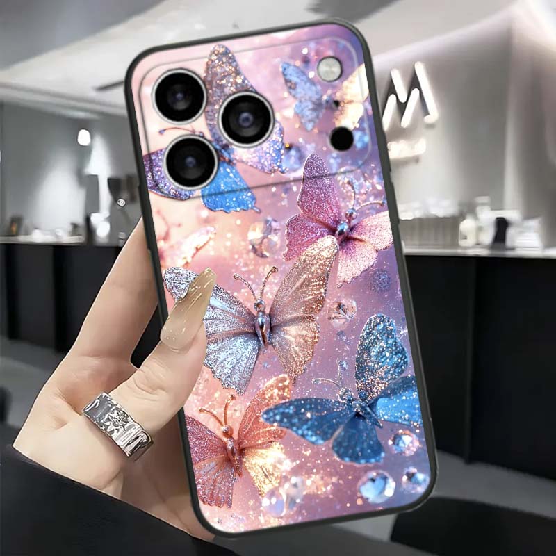 Schmetterlingsblumenmuster Handyhülle Für Apple iPhone 17 16 16E 15 14 13 12 11 Pro Max Plus Schwarz Weiches Silikon
