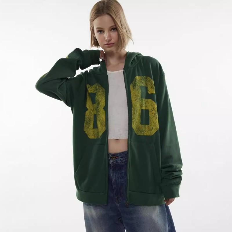 Womens Oversized Zip-Up Hoodie With Numeric Print Vintage Streetwear Long Sleeve Casual Sweatshirt