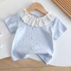 Girls Summer 2 Piece Outfit Blue Ruffle Top With White Bud Pants Stylish Casual Set For Kids