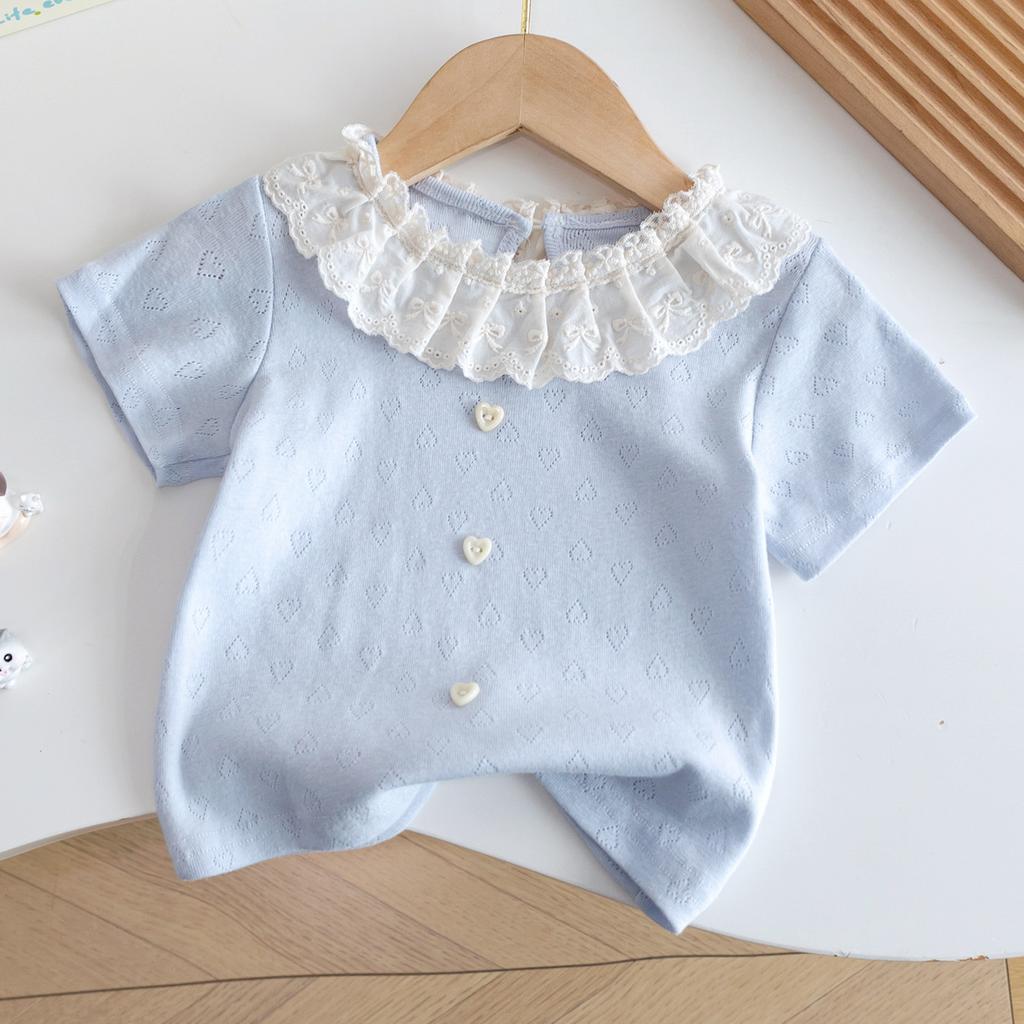 Girls Summer 2 Piece Outfit Blue Ruffle Top With White Bud Pants Stylish Casual Set For Kids