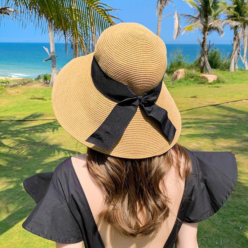 

Bow straw hat women s summer seaside vacation fashion beach hat big brim shading sun protection show small face M（56-58cm）
