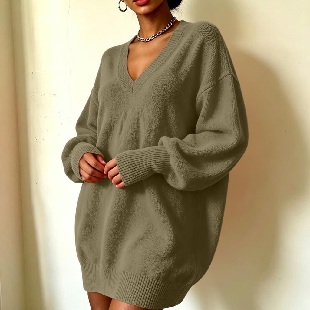 Women's Loose Fit Midi Sweater Dress with Sleeves and Collared Neckline