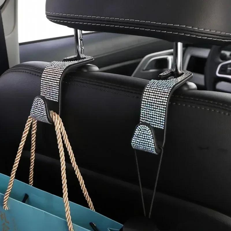 2Pcs Car Seat Back Hook Bling Diamond Hanger Backseat Auto Back Universal Headrest  Storage Holder Car Interior Accessories