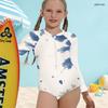 Girls High Neck Long Sleeve Front Zip Blue White Printed One Piece Swimsuit