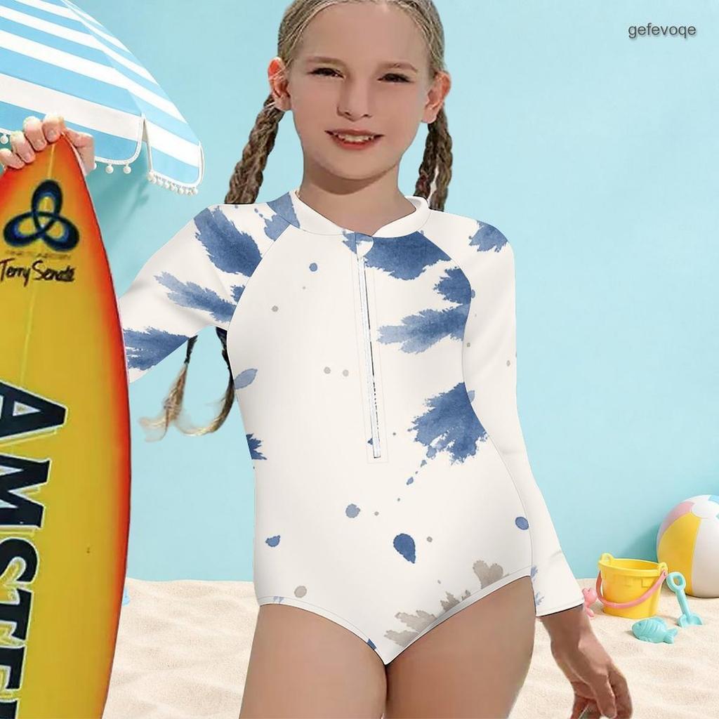 Girls High Neck Long Sleeve Front Zip Blue White Printed One Piece Swimsuit