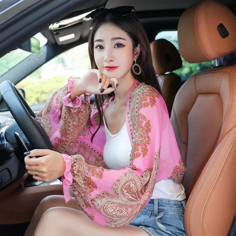 Cashew Print Chiffon Cycling Shawl with Sun Protection Sleeves - Fashionable Long Sleeve Scarf