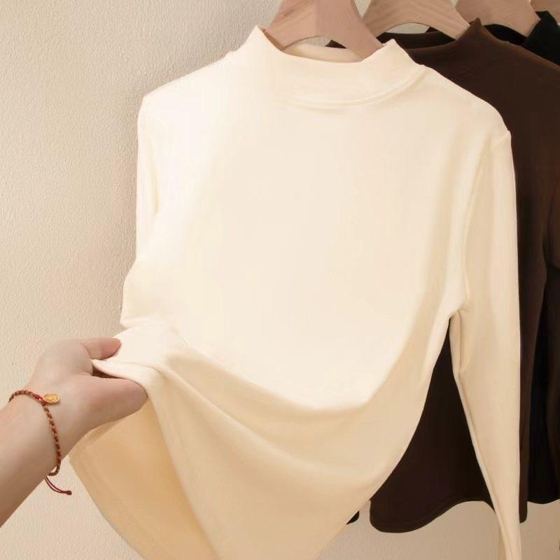 Ladies' Autumn And Winter Solid Color Long Sleeved Half High Neck T Shirt Base Shirt