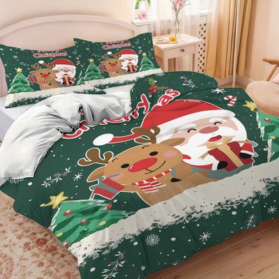 3-teiliges Weihnachtsmann Weihnachtsbaum Druck Kernloses Bettdecken-Set Schlafzimmer Wohnheim Bettwäsche Dekoration Bequem Maschinenwaschbar