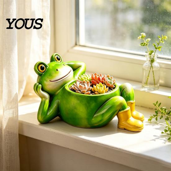 Huiswarmingscadeaus voor Tuiniers Schattige Liggende Kikker Plantenbak, Decoratieve Hars Plantenpot, Grappig Dier Tuinbeeld Container Succulenten Binnen