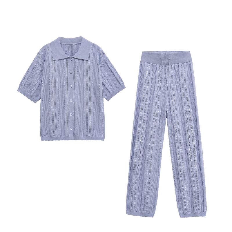Kaslead New Women clothes Western Style Fashion Hollow out Polo Shirt Top Set Casual Trousers