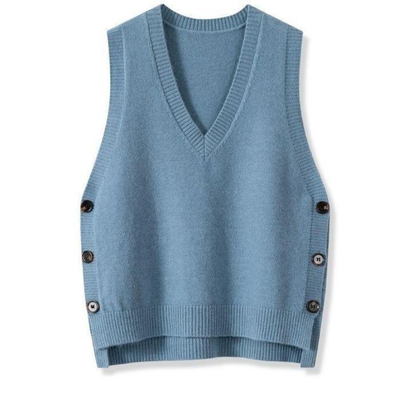Women's Vintage V-Neck Knitting Vest Side Split Button Sleeveless Sweater Autumn Winter Solid Color Casual Waistcoat