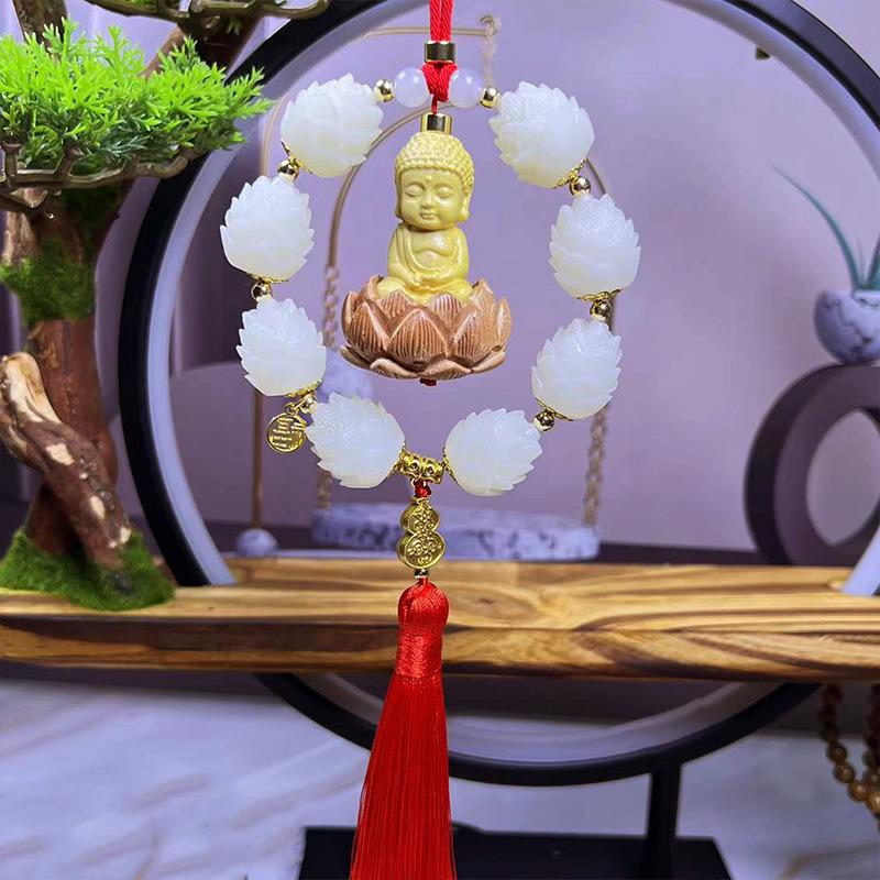 Peach Wood Lotus Buddha Car Ornament: Rearview Mirror Decor for Good Luck and Peace