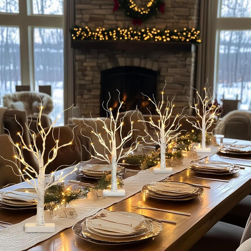 2 Pack Lighted Birch Tree, Battery-Powered LED Christmas Tree with Timer - Tabletop Decor for Home, Office, Bedroom, Wedding