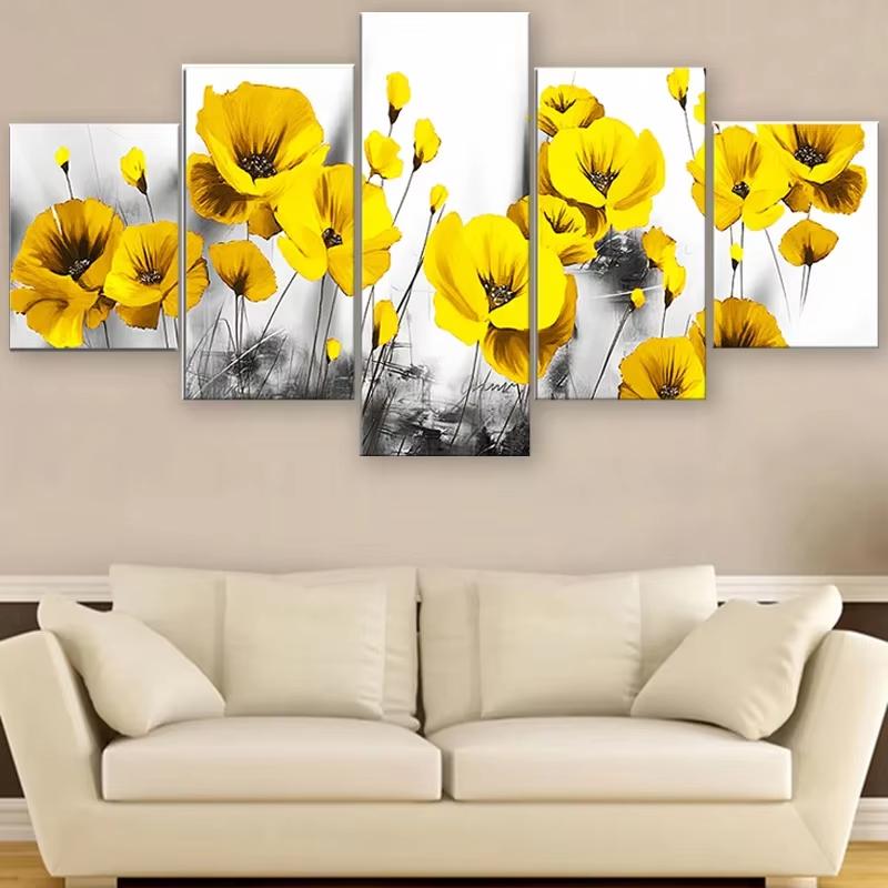 5 Pieces Yellow Flower Canvas Painting Floral Landscape Prints Posters Wall Art Home Decor Living Room Decoration No Frame