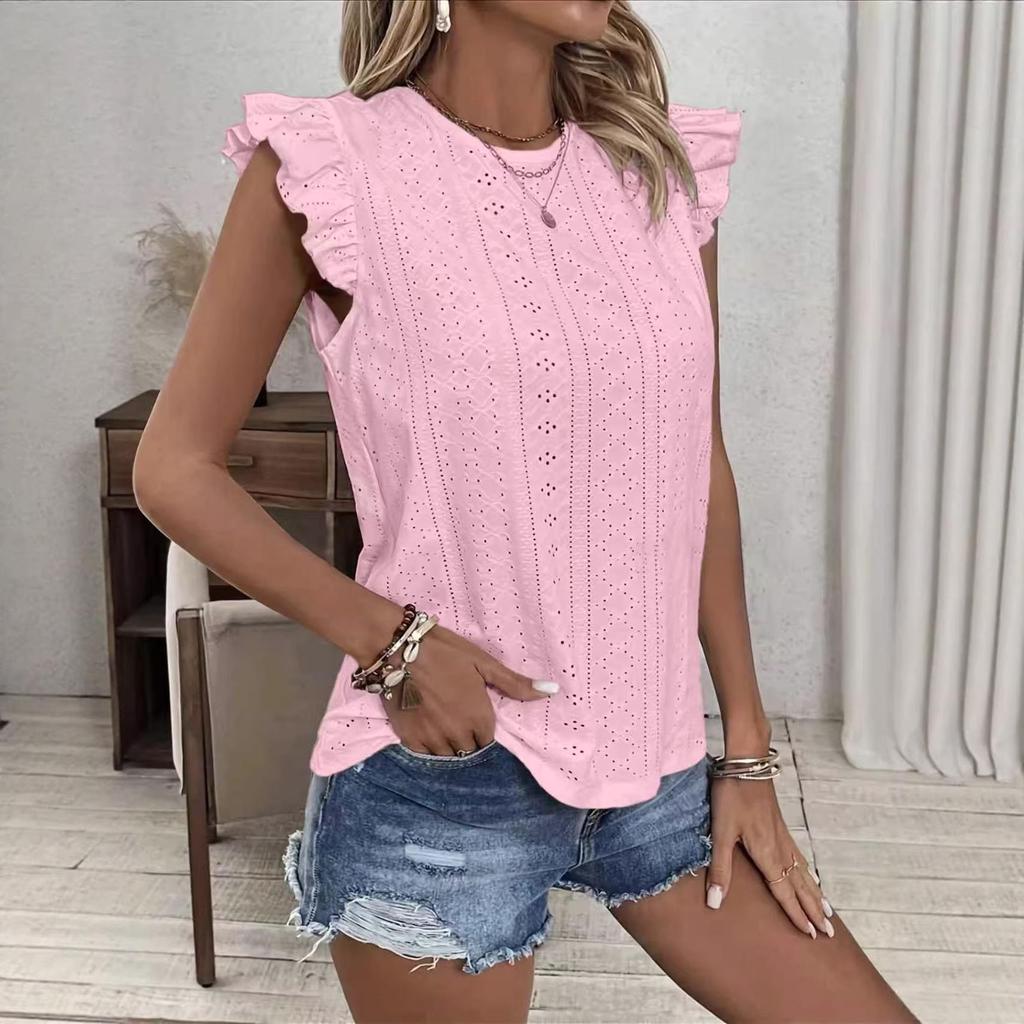2026 Spring/Summer Round Neck Ruffle Sleeve Back Tie Solid Color Women's Top