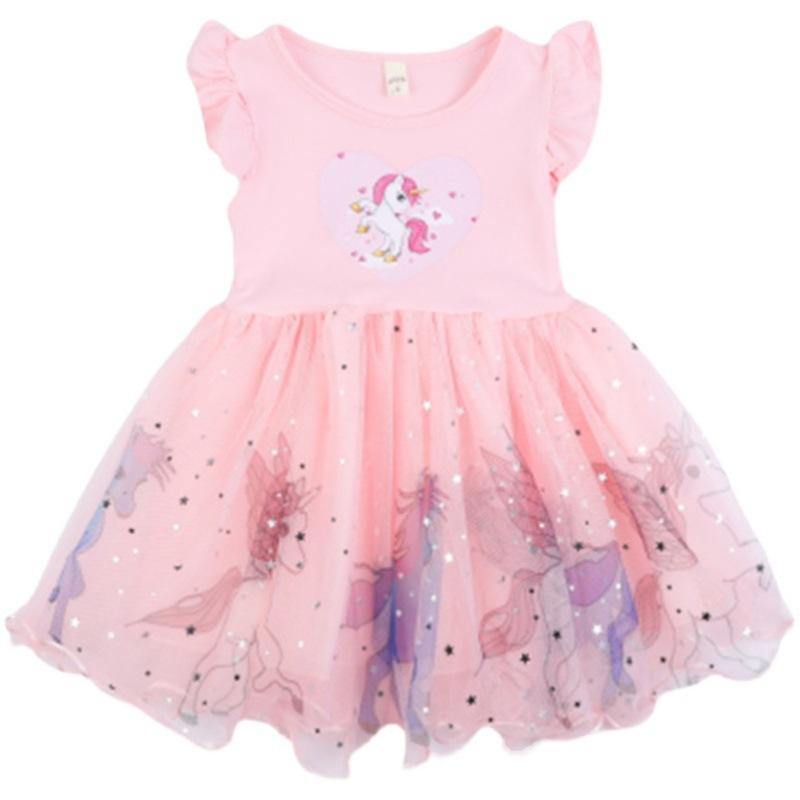 Robe Princesse Fille Été Licorne Imprimée Coton Manches Courtes Tulle