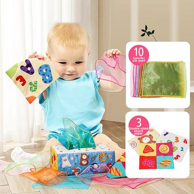 Fun Cartoon Unbreakable Cloth Book Ring Paper Tissue Box Toy - Montessori Baby Toys For 6-12 Months 1 Year Old Boy Girl