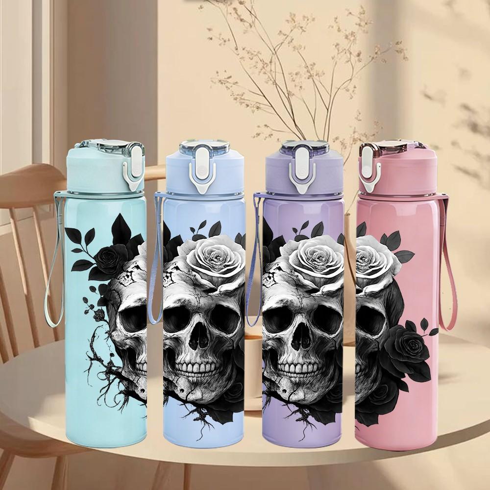 1PC Dark Rose Skull Art 750ml Color Plastic Sports Water Bottle Leakproof Flip Straw Lid Suitable for Sports Office Home Use